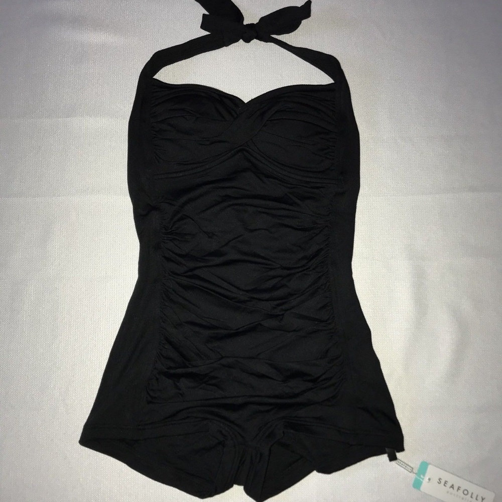 Seafolly Boyleg Maillot 1 Pc Black Swimsuit, Sz 8